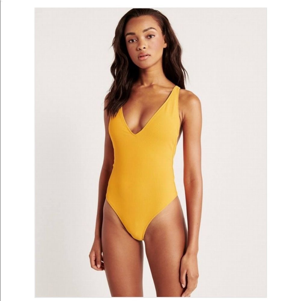 Abercrombie & Fitch Women's Ribbed Deep-V One Piece Swimsuit in Yellow - Size XS